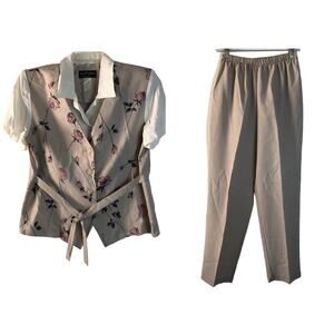 Chads Place Vintage Set Blouse Pants Women 12P Tan Floral Light Academia Cottage